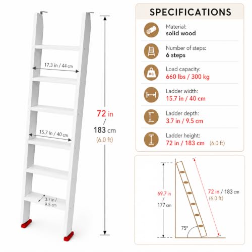 Image of 50 inch 55 inch 60 inch Black Wood Bunk Bed Ladder, Lofted /Dorm /RV Bed Bunkbed Ladders with 4in Extra Wide Steps and Non-Slip Pads, Replacement Wooden Ladder for Motorhome /Camping (White, 72in /183cm)