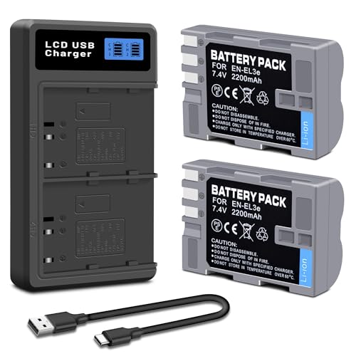 2-Pack EN-EL3e Replacement Battery(2200mAh) and LED Dual Charger Compatible with Nikon EN EL3e, EL3, EL3a, MH-18, MH-18a, MH-19, D700, D300s, D300, D200, D100, D90, D80, D70s, D70, D50 Camera