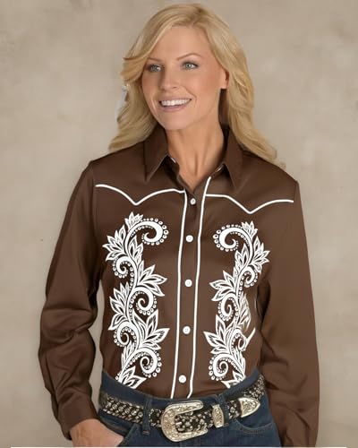 Western Cowgirl Shirts for Women Retro Floral Print Long Sleeve Cowboy Snap Button Down Tops4