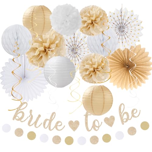 Image of White Champagne Gold Boho Bachelorette Party-Decorations - 21pcs Women Bridal Shower Banner Garland,Bride To Be Paper Streamers Lanterns,Flower Tissue Pom Poms Fan Favors Wedding Decor Huglony