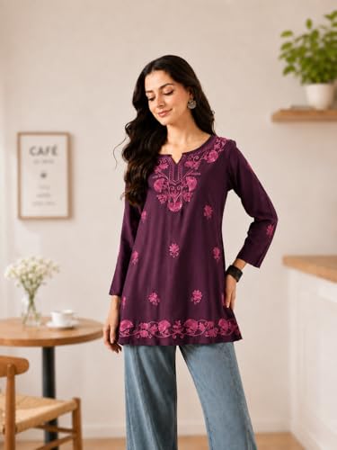 Image of QAZMI Women's Zayesha Aari Embroidered Viscose Rayon A-Line Flared Short Kurti
