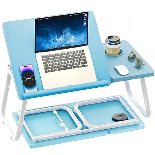 Blisswood Folding Laptop Table, Bed Desk With Foldable Legs & Cup Slot, Laptop Tray For Bed, Sofa Breakfast Folding Table Lap Desk Notebook Stand for Reading Writing Working (Blue)