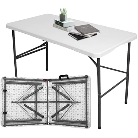 USEFULTEK Folding Table 4ft - Portable Heavy Duty Plastic Fold-in-Half Foldable Table with Carrying Handle Plastic Dining Table Indoor Outdoor for Camping, Lock for Picnic and Party, White Cover