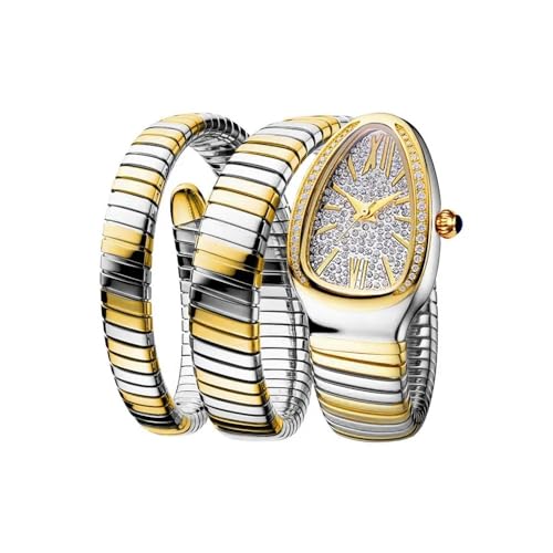 KLSKLYL Iced Out Snake Bracelet Fashion Women's Watch Gold Steel Wrapped Strap Quartz Watches Women Casual Ladies Wristwatch (Silver Gold)