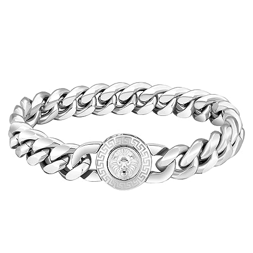 KRKC&CO ライオンデザイン留め具ブレスレット メンズ 幅12mm 喜平チェーン サージカルステンレス 金属アレルギー対応 太目 HIPHOP ラッパー アクセサリー ギフト お祝い（ホワイトゴールド,21.6cm）