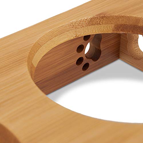 Relaxdays 3er Napfständer Bambus, Keramikschalen Wasser & Futter, spülmaschinenfest, Napfbar Katzen, kleine Hunde, natur, L