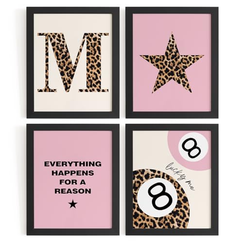 DSHFG Preppy Pink Leopard Cheetah Room Decor Y2K Cheetah Posters for College Dorm Wall Art Prints 4Pcs, Initial M Personalized Pink Lucky 8 Ball Poster for Teen Girls Bedroom Bathroom 8x10 Unframed