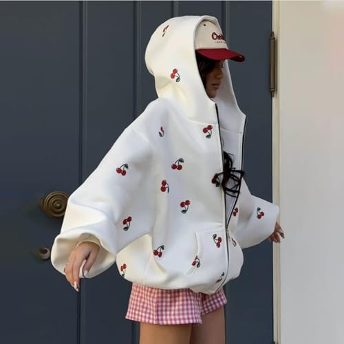 Xunger Women's Cute Cherry Hoodie Long Sleeve Zip Up Printed Jacket Oversized Warm Sweatshirt with Pocket3