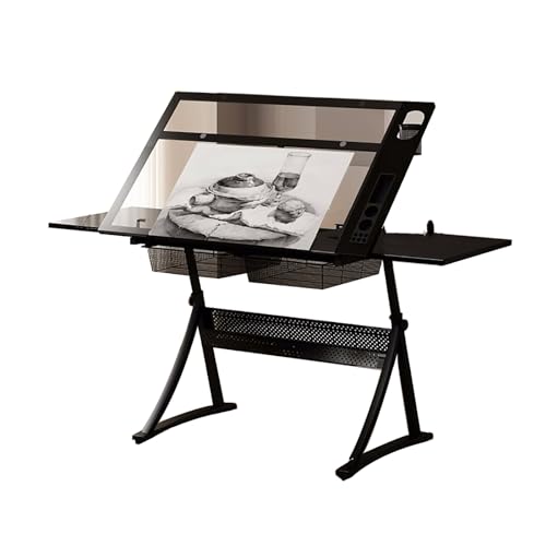 Drafting Table, 0°-50° Tilting Top, Height Adjustable Art Desk, All-in-One Architect Table for Reading, Writing, Crafting, Painting Art(Color:Black) (Black One Size)