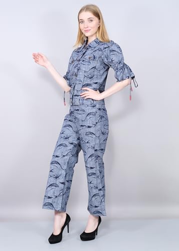 Image of AMOLDO Denim Printed Co-Ord Set For Women | 2 Piece Denim Co-Ord