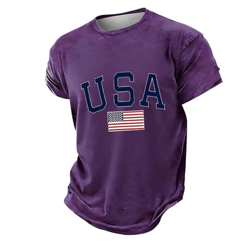 Image of Casual T-shirt with patriotic graphic print, comfortable crew neck shirt for everyday wear, purple, M