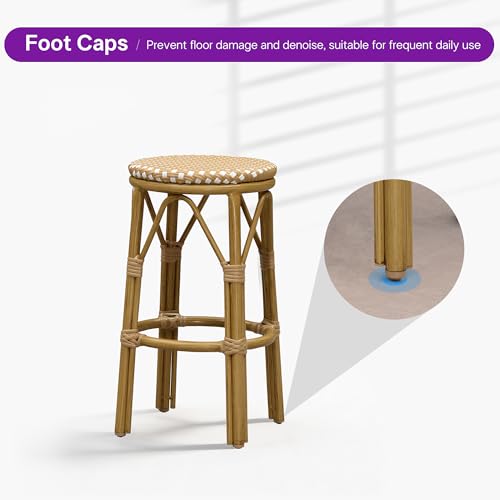 Image of PURPLE LEAF Patio Round Counter Height Stool Set of 2 Outdoor Backless Barstools Aluminum Frame in Bamboo Finish with Amber & White Woven Rattan for Indoor Kitchen Dining Bistros Cafe Restaurant