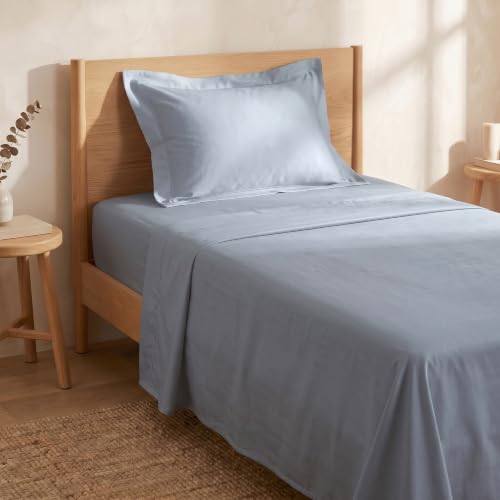 Image of HUESLAND Premium 300 TC Pure Cotton Sateen Weave Single Bed Bedsheet with 2 Pillow Covers Included | Greyish Blue | 88 x 55 inches