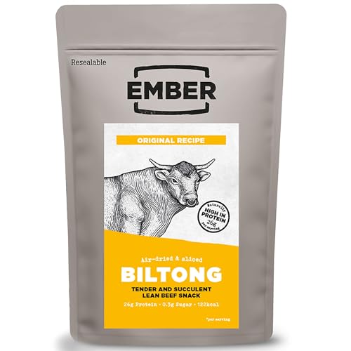 Ember Biltong de Ternera Original 250 g - Carne Seca Beef Jerky Rica en Proteinas - Baja en Grasa, Sin Azúcar Añadido, Keto, Sin Colorantes ni Aromas Artificiales - Bolsa Resellable de 250 g
