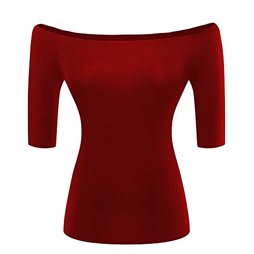 LilyCoco Women's Half Sleeve Off The Shoulder Top Slim Fitted T-Shirt Blouse Top Elbow Sleeve Dark Red Small
