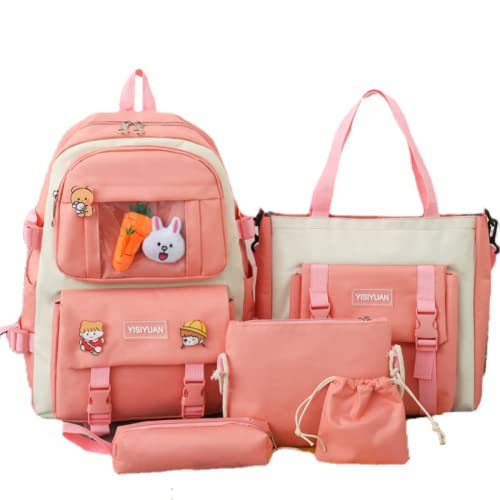 HUIHSVHA Kawaii Backpack Set Cute School Laptop Bag Canvas Daypack 5 PCS with Shoulder Bag, Pencil Box, Tote Bag, Small Bag