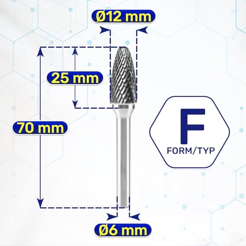 Zylindrischer Metallfräser für Bohrmaschine Typ F Ø12 mm x 25 mm mit Ø 6mm Schaft - Drehzahl der Hartmetallfräser 0-19000 U/min - Frässtifte ist aus Wolframkarbidlegierung - MONTERAL