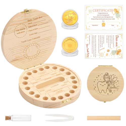 HUNGBAN Tooth Fairy Kit for Kids Wooden Keepsake Tooth Box with Reward Coin & Card Baby Memory Box for First Lost Tooth Bedtime Surprise for Boys and Girls