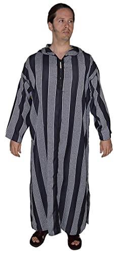 Treasures Of Morocco Moroccan Men Djellaba Handmade Hooded Caftan Black & White With Matching Embroidery Tread Thobe Loungewear African Large