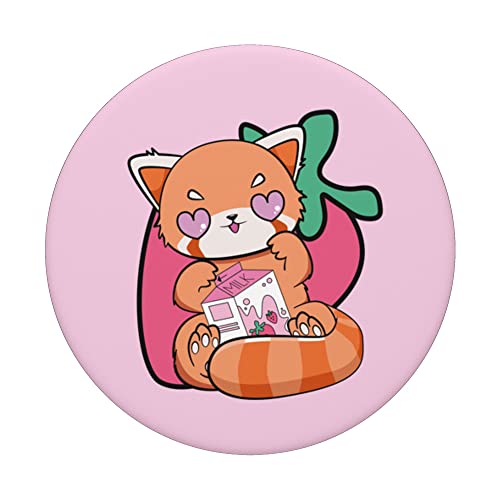 Strawberry Milk Red Panda Cute Chibi Anime Otaku Nu PopSockets Swappable PopGrip, Black - Image 3