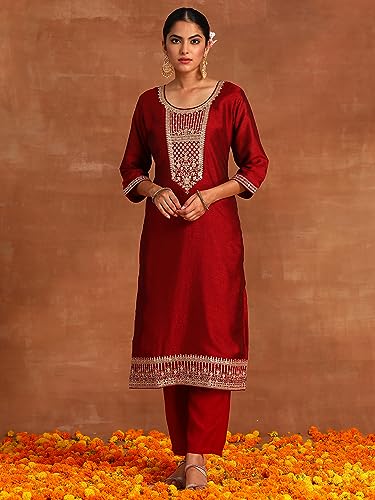 Image of INDO ERA Women's Polyester Maroon Embroidered Straight Kurta Trouser with Dupatta Set