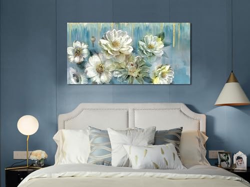 Ardemy Floral Canvas Wall Art for Living Room Large Magnolia White Flower Picture Bedroom Wall Decor Textured Turquoise Painting Modern Artwork Dining Room Kitchen Home Office, 40"x20" - Image 4