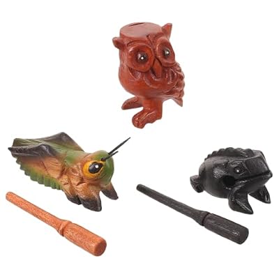 Toddmomy 3pcs Wooden Guiro Instrument: Frog Cricket Owl Handheld Latin Percussion Tool - Croaking Animal Sound Maker with Rhythm Sticks for Music Class Beginners