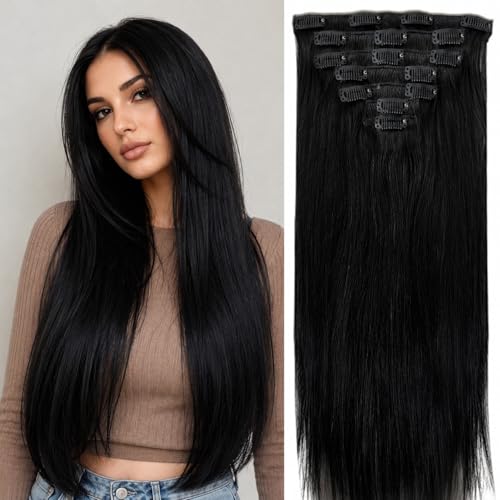Frealhd Clip in Hair Extensions Real Human Hair, 14 Inch 100% Remy Seamless Straight Clip ins for Women, 1B Natural Black 7pcs 120g, Thick & Soft, Long-lasting & Natural Look
