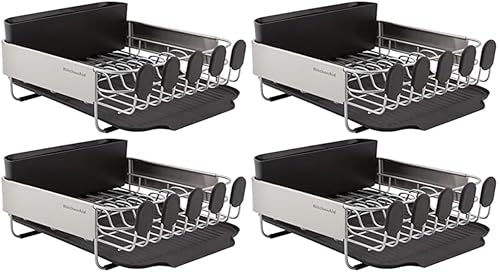 Image of KitchenAid Compact, Space Saving Rust Resistant Dish Rack with Removable Flatware Caddy and Angled Self Draining Drainboard, 16.06-Inch, Black (Pack of 4)