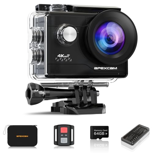 Apexcam 4K 60FPS EIS Action Cam 64MP Con Scheda di Memoria 64GB WiFi Sports Camera Ultra HD Telecamera subacquea 40M 2.4G Telecomando Time Lapse 2x1350mAh Batterie