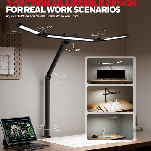 Image of Honeywell Wide Desk Lamp with Clamp for Dual Monitors, 22W Full-Spectrum Eye-Caring LED Desk Lamp for Home Office, 3-Section Adjustable Architect Light for Large Desk, Stepless Dimming, 3000K-5700K