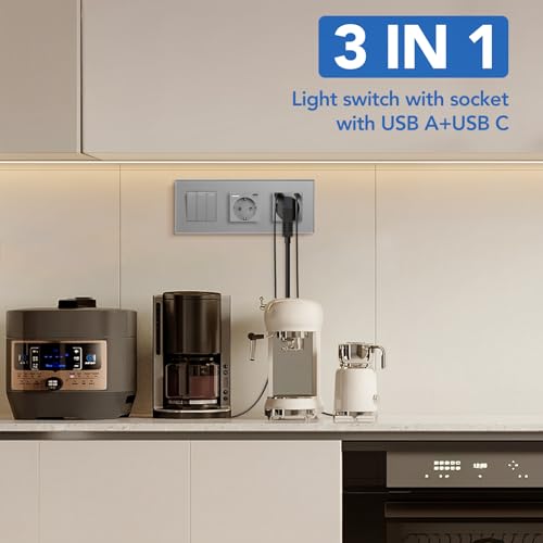 BSEED Lichtschalter Mit Steckdose 3 Fach 2 Wege, Wandschalter Mit 16A Schuko Steckdose, Doppel USB Anschluss (Max. 2.1A) Typ C Port Grau, Physische Unterputz Wechselschalter - 228mm