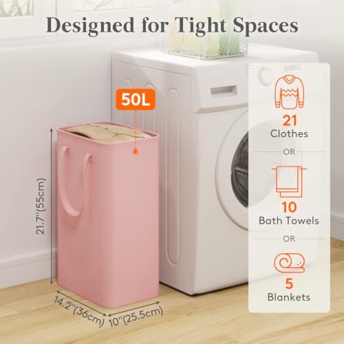 Image of Lifewit Slim Collapsible Laundry Basket with Handles, 50L, Pink