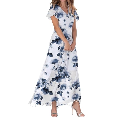 Robe Boheme Femme Robes Longue en Mousseline de Soie Décontractée Volants Col Manches Courtes Tunique Vintage Fleurie de Plage Florale Robe Femme Chic et...