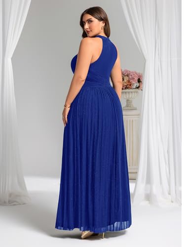Image of Ever-Pretty Plus Women's Floor Length A-Line Halter Sleeveless Pleated Glitter Plus Size Formal Dress Evening Gown