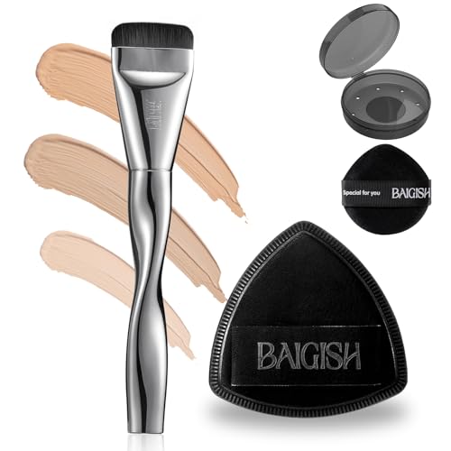BAIGISH Makeup Sponge 1 Powder Puff +1 Smooth Foundation Brush for Liquid, Cream and Makeup,Super Soft, Makeup Blender, Latex Free Seamless Flawless Soft Setting Couple Set