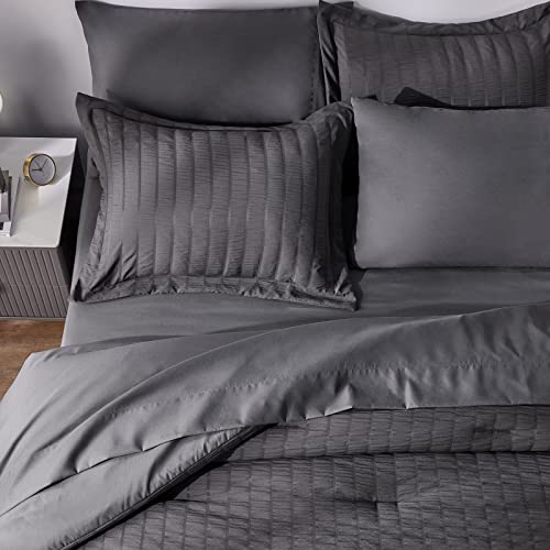 Cozylux Queen Seersucker Comforter Set With Sheets Dark Grey Bed In A Bag 7-Pieces All Season Bedding Sets With Comforter, Pillow Sham, Flat Sheet, Fitted Sheet, Pillowcase #TOP2