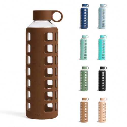 Image of purifyou 40oz / 32oz / 22oz / 12oz Borosilicate Glass Water Bottle with Time & Volume Markers, Silicone Sleeve, Stainless Steel Lid - Reusable Glass Bottle for Water & Juice (32oz Earth Brown)