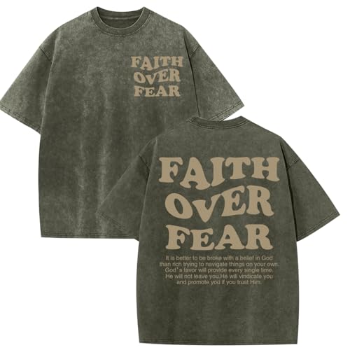 Image of Christian Shirts for Men Faith Over Fear Oversized Shirt Acid Wash Tshirt Graphic Religious T Shirt Bible Verse Tees