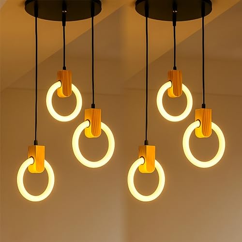 Image of Lampmaster 3-Ring LED Pendant Light | Modern Hanging Ceiling Lamp with Wooden Accent & Warm White Glow | Decorative Chandelier for Living Room, Dining Room, Bedroom, Restaurants & Cafe Interior