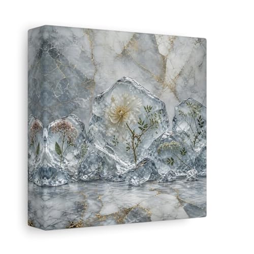 Canvas fleurs givrées gris et or, petit tableau mural carré salon