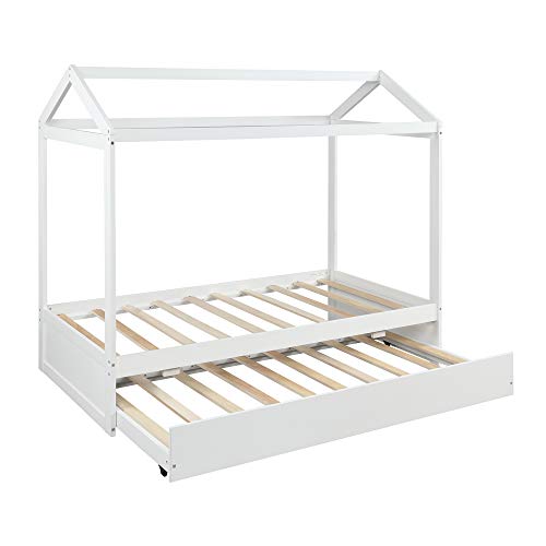 Oudiec Twin Size House Bed With Trundle And Roof Design,Solid Pinewood Bedframe,Can Be Decorated For Kids Bedroom,No Box Spring Required,White #TOP3