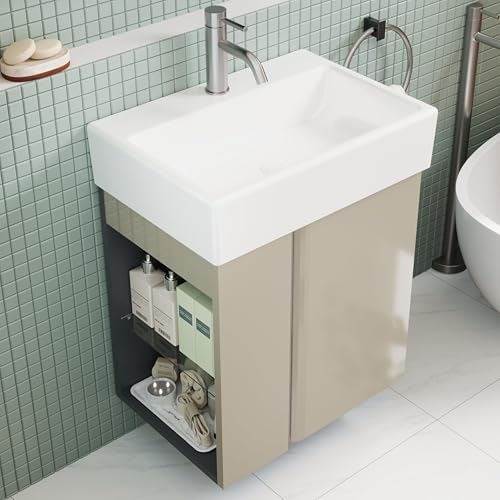 BRIDGE BENO 50 cm Badezimmerschrank Mit Keramikwaschbecken Für Gäste-Wc, Kompaktes Möbel Für Kleine Räume, Taupe Glanz