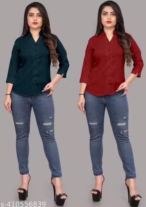 Image of Women's Solid Formal Shirt (Pack of 2)-Pink, Mint Green-1 P3