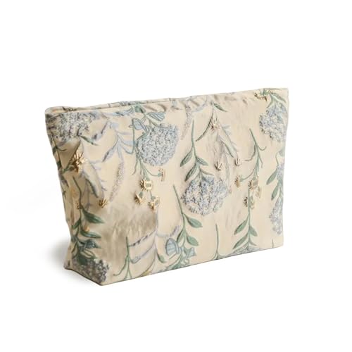 Hydrangea Floral Makeup Bag - Durable & Portable Travel Cosmetic Organizer with Zipper, Embroidered, Toiletry Bag for Women & Girls (Hydrangea Makeup Bag)