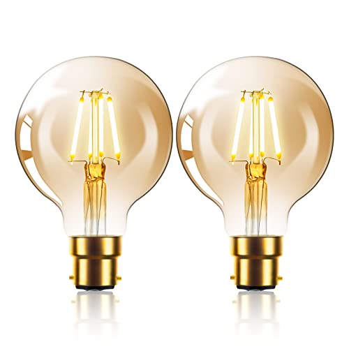 Sarveeta Vintage Edison LED Light Bulb 6W G80 Globe LED Filament Bulb B22 Bayonet Cap Edison Retro Style LED Decorative Light Bulb Warm White 2800K, 2-Pack