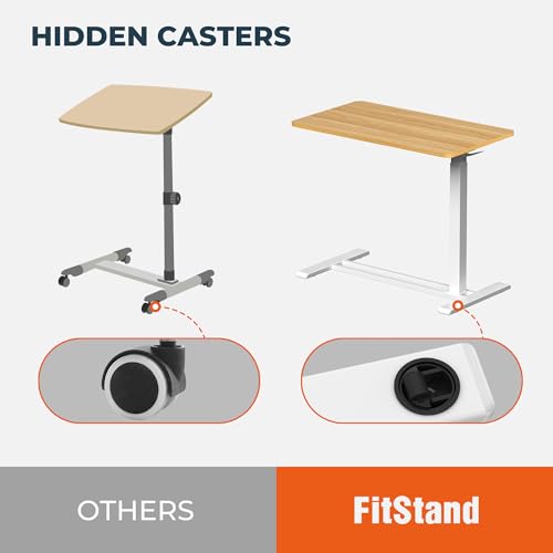 FitStand Medical Overbed Adjustable Bedside Table with Hidden Casters, Pneumatic Mobile Rolling Laptop Standing Desk with Tray for Home and Hospital Use, Maple