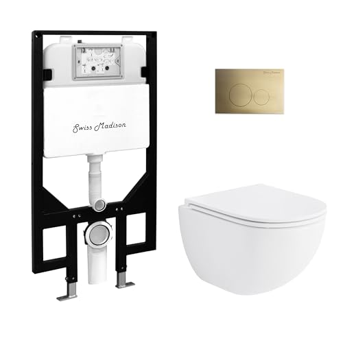 Swiss Madison St. Tropez Wall-Hung Toilet Bundle 0.8/1.6 GPF Dual Flush in Glossy White with Brass Flush Plate