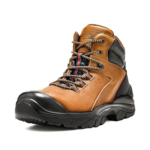 COOLJOB Steel Toe Work Boots for Men, Anti-spark Full Grain Leather Safety Shoes for Industrial Construction Workers, Soft Padded Lining, Non-slip PU Outsole, Impact Resistant Rubber Cap, Brown