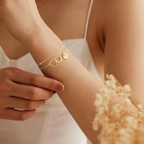 M MOOHAM Gold Initial Bracelets for Women, Dainty 14K Gold Plated Disc Initial A-Z Bracelet Jewelry, Satellite Chain Double Hearts Bracelets, Birthday Gifts for Women Mom Daughter Friend4